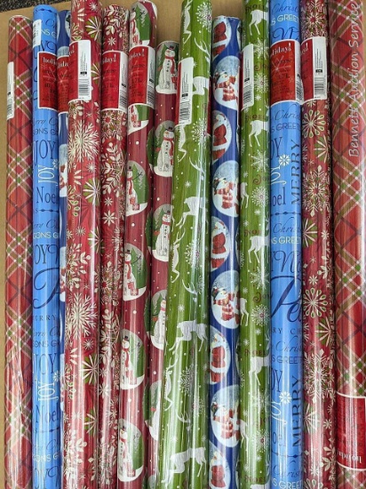 14 NIP rolls of Christmas and holiday wrapping paper. All are 40 sq ft