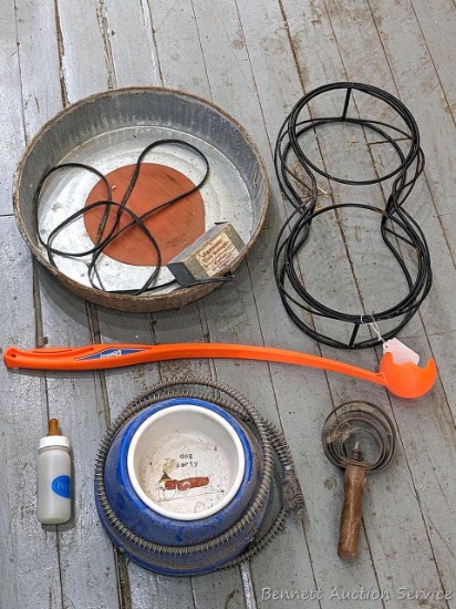 Pickup in Rib Lake. Assortment of pet supplies incl heated dishes, dog "chuckit" toy, small bottle