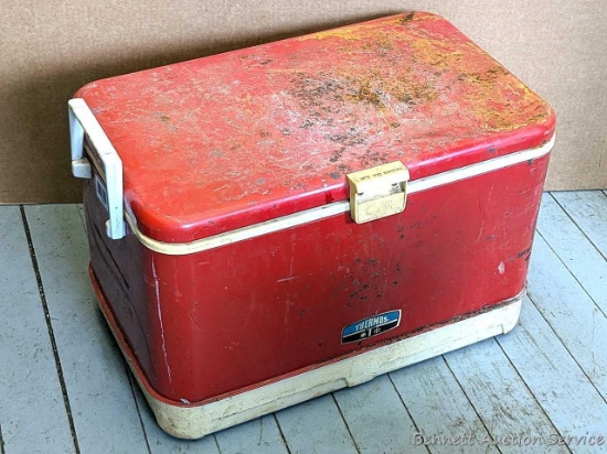 Pickup in Rib Lake. Vintage red Thermos brand cooler measures approx 22" long x 13" wide x 14" tall.