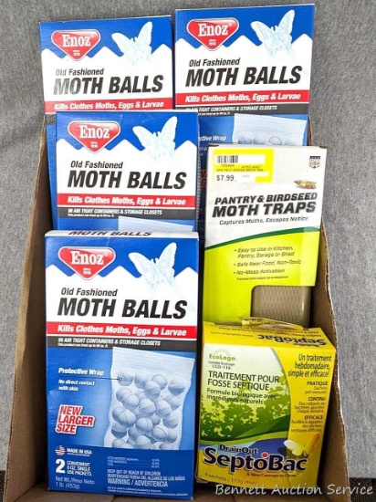 Enoz Moth balls, Pantry and Birdseed Moth Traps, DrainOut SeptoBac all appear to be NIP and unused.