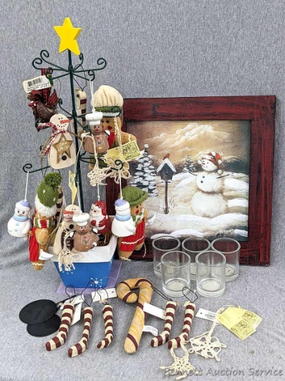 Variety of winter decorations incl assorted ornaments, five 3" votive candle holders, 21" ornament