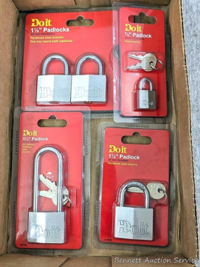 Assorted sizes of padlocks incl 1-1/2" and 3/4" locks with keys all NIP.