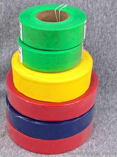 6 various lengths rolls of 1" flagging tape. Empire and Irwin brands. Smallest is 3-1/4" diameter,