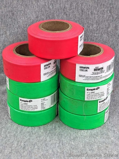 9 Rolls of Empire and Irwin brands 1" flagging tape. 150 ft and 200 ft lengths.