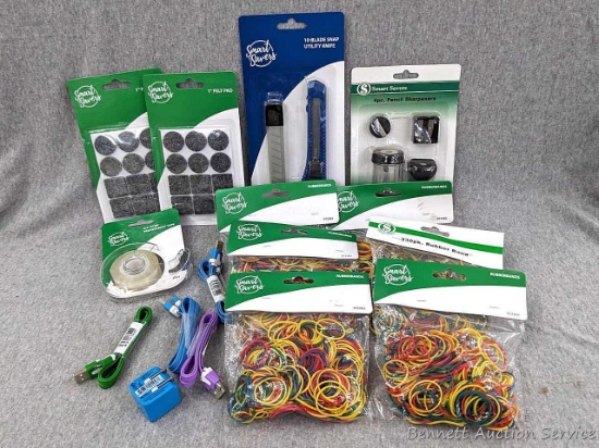 10-blade snap utility knife, 1" felt pads, pencil sharpener set, rubber bands, tape and charging