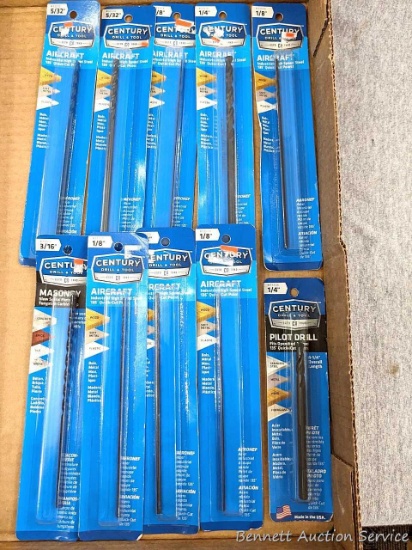 Variety of Century Drill & Tool brand bits incl masonry, pilot drill, and aircraft. Most bits are