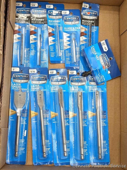 Century Drill & Tool brand laser spades, masonry flutes, and chuck key in a variety of sizes incl