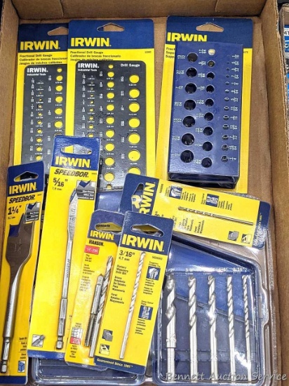 NIP Irwin fractional drill gauge, fractional size drill stand, rotary masonry drill bits, 1-1/4" &