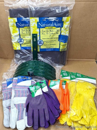 12" wide metal garden hose or extension cord holder, leather work gloves, garden gloves, size large
