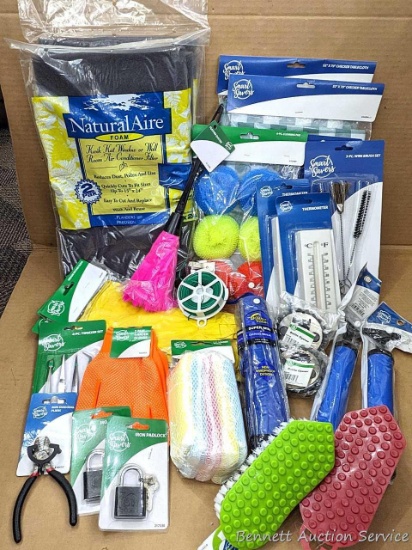 Assorted things for your home! Green checker tablecloths, a plethora of kitchen scrubbies, 3 pairs