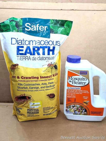 Unopened 4 lb bag of Diatomaceous Earth and crawling insect killer; and a jug of Mosquito Beater