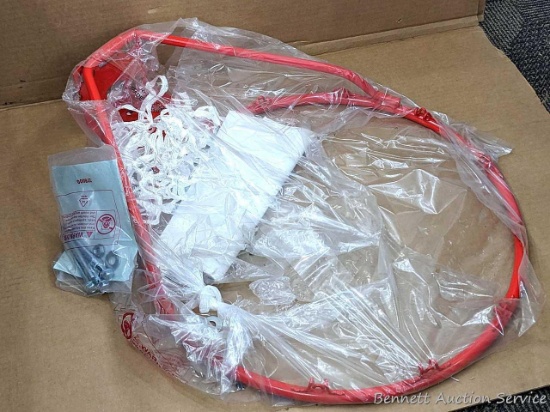 New 19" wide basketball hoop with net, mounting hardware, papers.