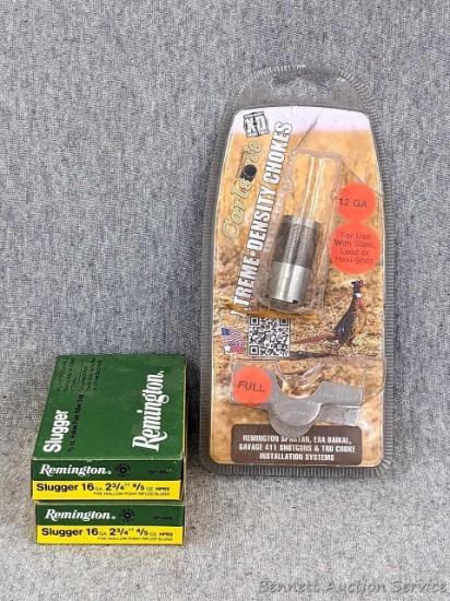 Two boxes of Remington Slugger 16 ga, 2-3/4", 4/5 oz hollow point rifled slugs; and a Carlson's