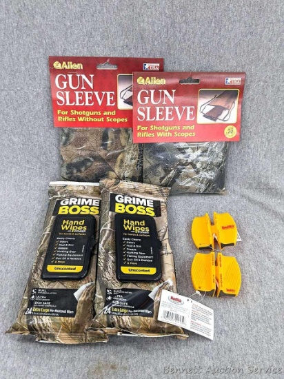Smith's hunting knife sharpeners, Allen gun sleeves for scoped rifles and shotguns, Grime Boss