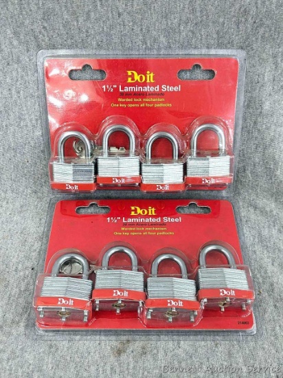 8 Do It Best 1-1/2" laminated steel padlocks, each package keyed alike and may be the same between