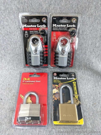 Two Master Lock adjustable shackle padlocks, solid brass contractor grade Master Lock padlock, and a