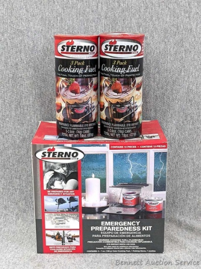 Sterno emergency preparedness kit, and two Sterno 3-pack cooking fuel cans.