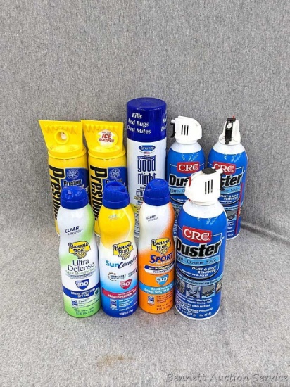 No shipping. Prestone de-icer, Banana Boat sun screen; duster; Good Night spray for bed bugs, dust