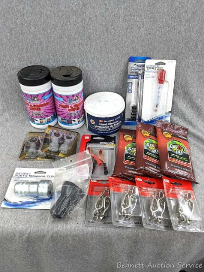 Battery adapters, post and terminal cleaner, charging clips, antifreeze tester, tire pressure gauge,