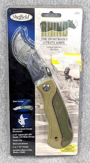 NIP Sheffield Rhino Sportsman's utility knife is 7-1/2" overall and has blade storage in the handle.