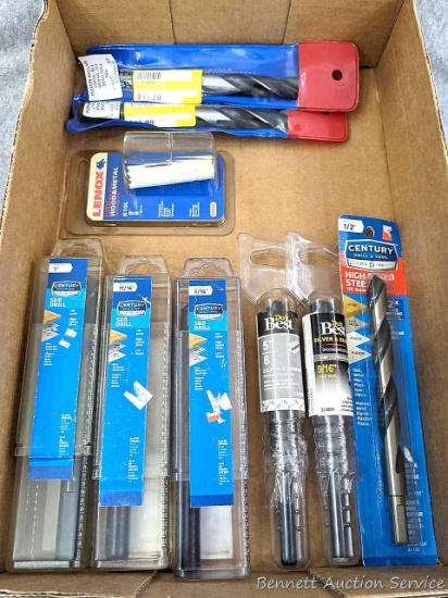 HSS and other new drill bits up to 1"; plus a Lenox wood and metal 5/8" hole saw. Bits also incl
