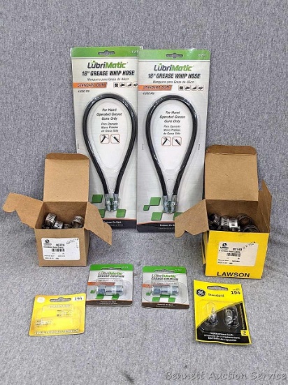 Two boxes Lawson hose clamps, two Lubrimatic 18" grease whip hoses, grease couplers, replacement