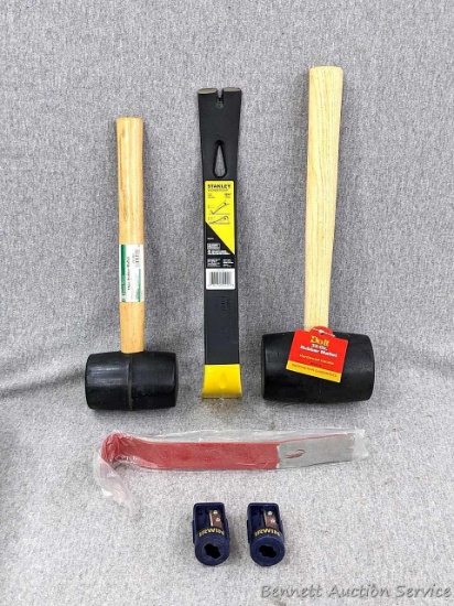 32 oz and 16 oz rubber mallets, 1203/4" Stanley Wonder Bar prybar, other mini prybar, two Irwin