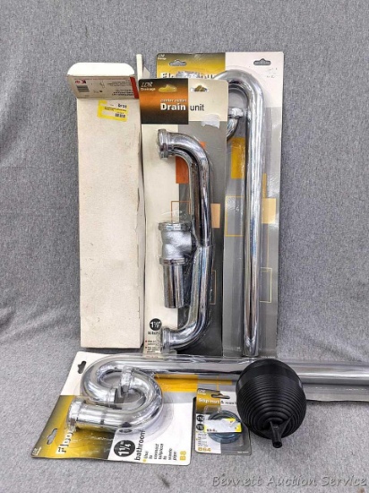 Plumbing supplies incl 1-1/4" bathroom floor mount S-Traps, 4" x 5" toilet tank float ball, 1-1/2"