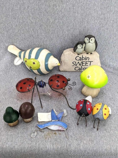 Cute new garden decorations and more up to 9" long incl owl cabin piece, bird, charming mushrooms