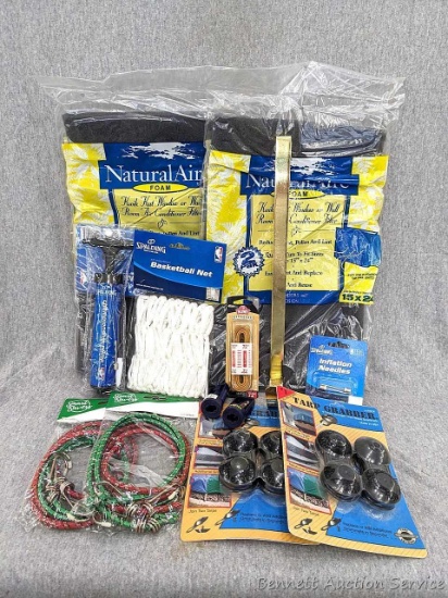 NIP Spalding basketball net, pump, inflation needles; Irwin pencil sharpeners, wreath hanger, tarp