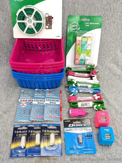 Mini Mag Lite bulbs, other bulbs, enough phone chargers for the whole family, 6" organizer baskets,
