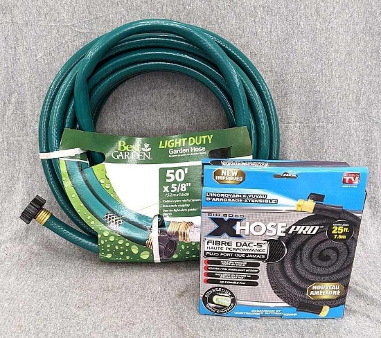 Big Boss X Hose Pro 25' expandable hose, and a 50' x 5/8" Best Garden light duty hose.