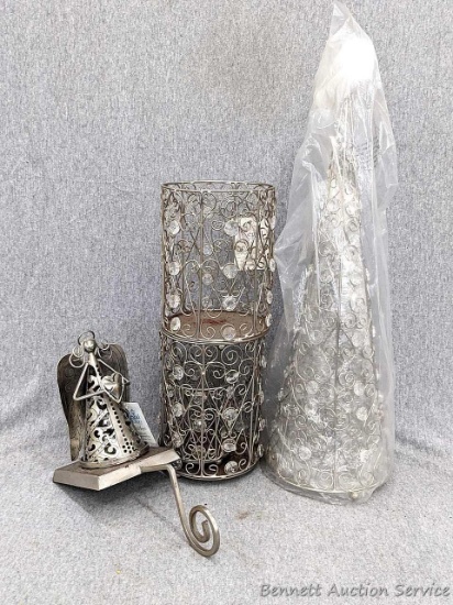 Set of three candle holders up to 7"; plus s pair of Christmas tree decorations up to about 19" (