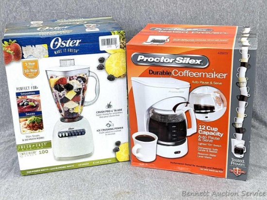 Proctor Silex Durable 12-cup Coffeemaker with auto pause & serve; Oster Simple Blender 100 with 10