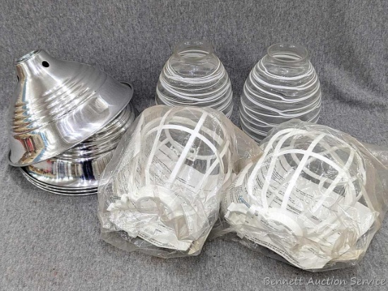 4 Chicken heat lamp shades and 2 replacement guards and 2 lovely modern glass light shades.