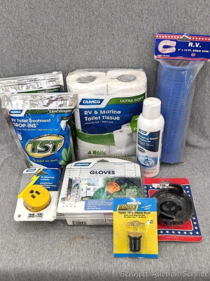RV Toilet Treatment drop ins, Sanitation disposable gloves, drinking water freshener, RV drain hose,