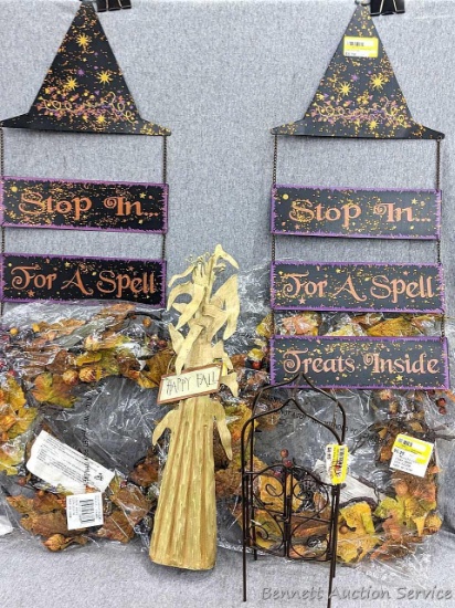 Variety of fall decorations ready to get into the crisp fall nights mood. Includes a small 12"
