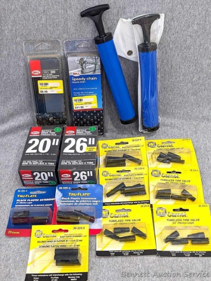 Black plastic extensions in various sizes, 2 hand pumps, Bell bike chains (1/2"-1/8") (1/2"-3/32")