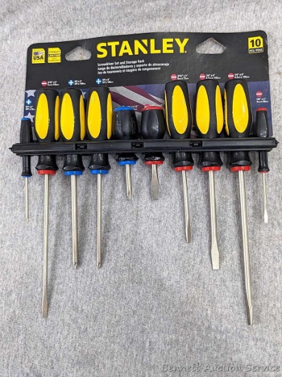 Stanley Screwdriver set and storage rack. Includes Phillips and slotted head screwdrivers with easy