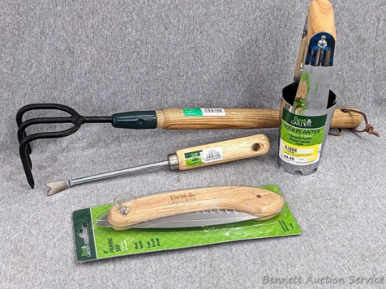 Best Garden brand 8" Pruning Saw, Hand weeder, chrome finished bulb planter and 14" Do It Best