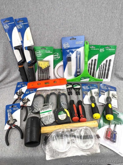 Assortment of things for your house or shop incl rubber tie downs, 10 blade snap utility knife,