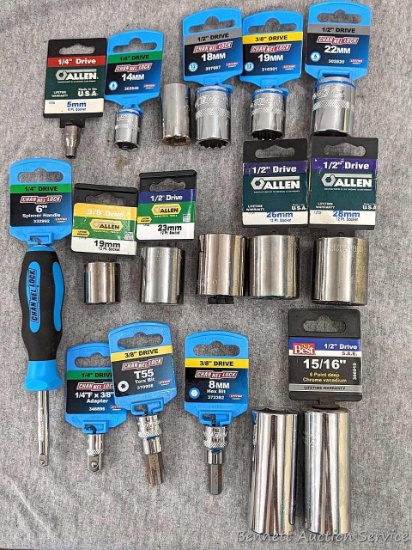 Variety of Channel Lock, Allen, Do It Best sockets, hex bits, adapter, spinner handle and more. SAE