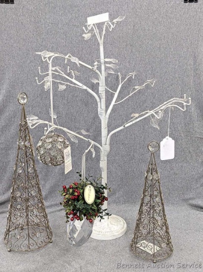 Christmas holiday decorations incl 27" white wire tree, pair of coordinating wire cone trees with