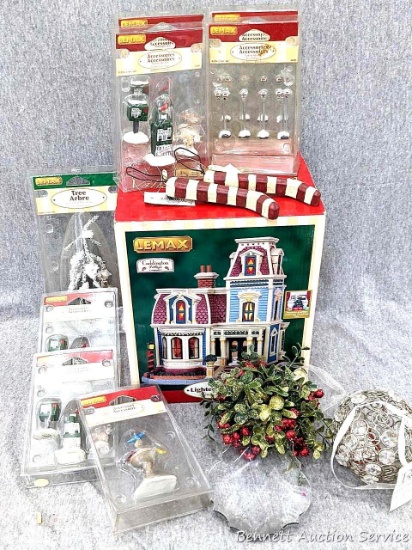 Lemax Caddington Village Hawthorne House and accessories incl a Tree, newspaper boxes, parking