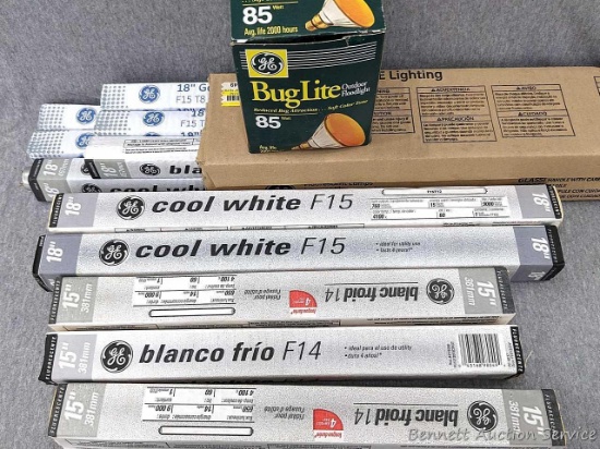 Assorted GE lighting options for you incl 15" & 18" fluorescent bulbs, and 85 watt bug lite