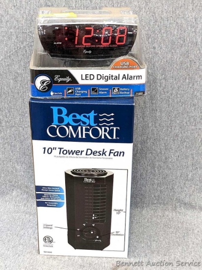 Best Comfort 10" Tower Desk Fan; Equity LED digital alarm with USB charging port and 9V battery