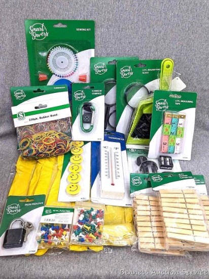 X-Large kitchen gloves, laundry clothes pins, magnifying gloves, rubber bands, thermometer, sewing