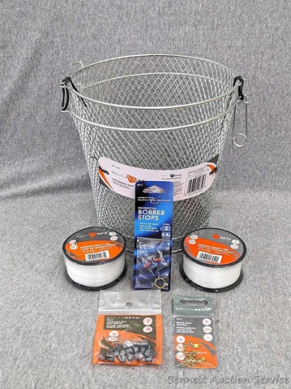 Minnow trap basket with 10- & 30-lb monofilament fishing line, split shot sinkers, brass snap