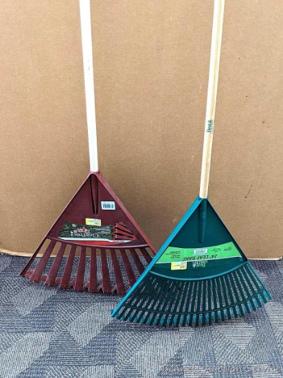 Pair of 24" wide leaf rakes ready for your autumnal cleanup projects.