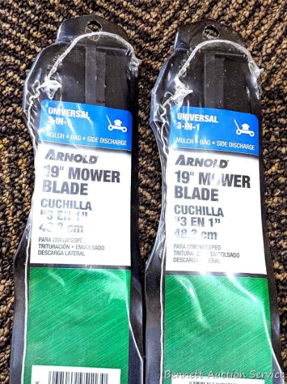 Pair of Arnold brand 19" mower blades fits most brands but see pictures for compatibility.